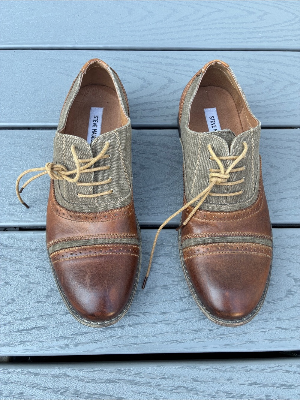 Steve Madden Camrin Wingtip Oxford Shoes Leather Canvas Upper Brown Size 10 - Picture 3 of 12